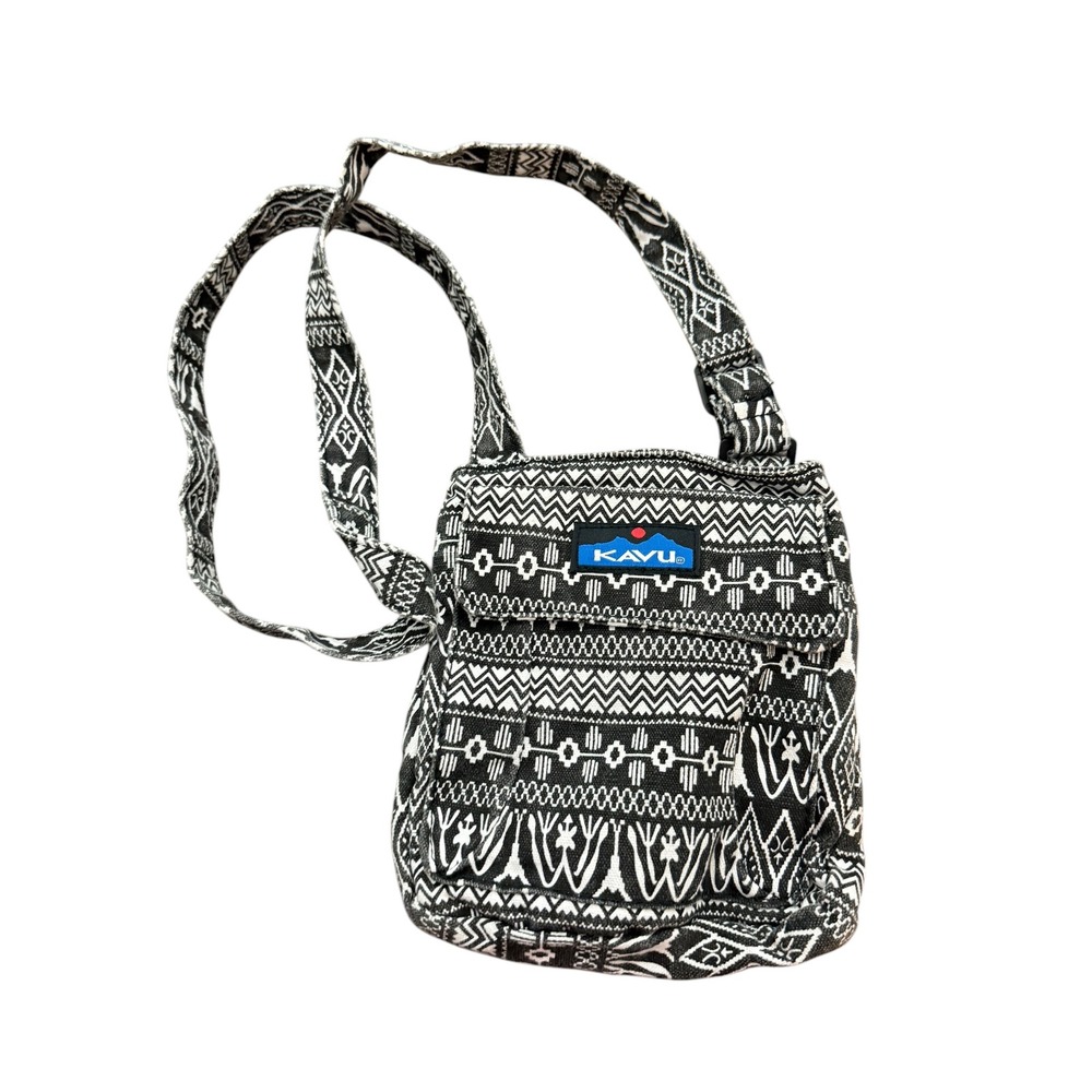 KAVU Keeper Crossbody Bag Black White Geometric Tribal Canvas Travel Purse